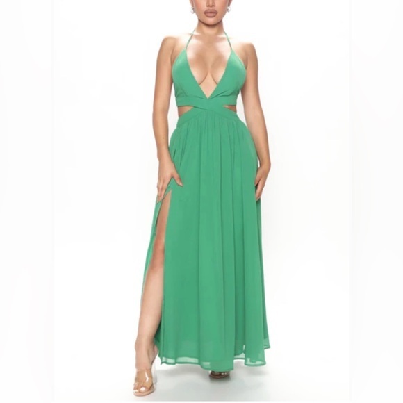Miss Avenue Vibrant Green Backless Cut Out V-Neck Formal Maxi Dress Small Nwt